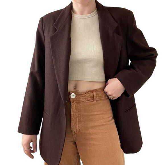 Vintage 80s Womens Brown Wool Oversized Preppy Dark Academia Blazer Sz L - Picture 9 of 10